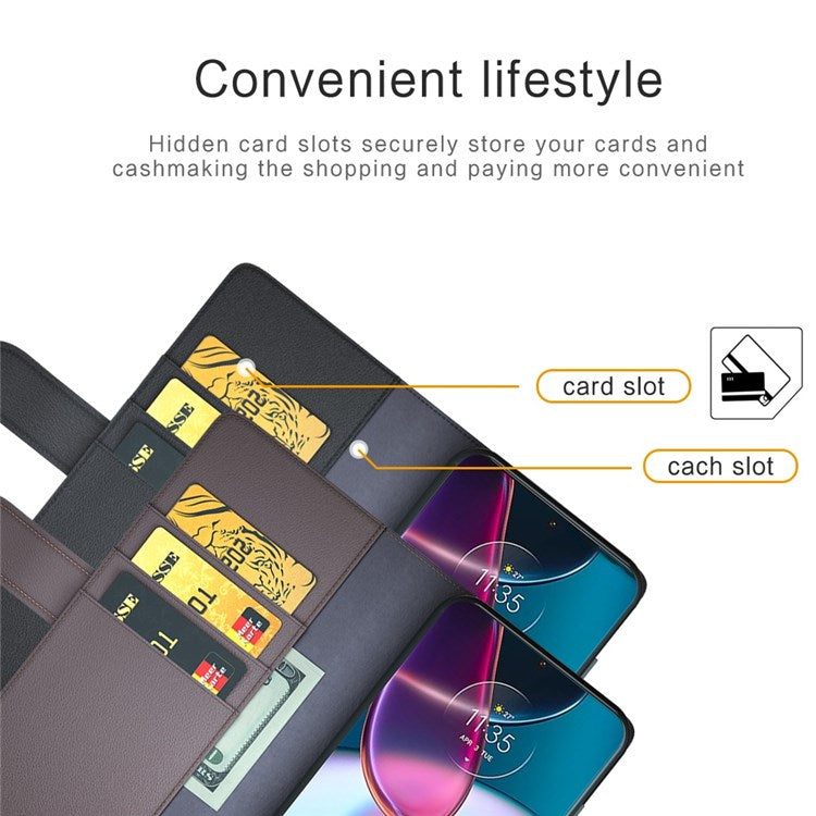 For Motorola Edge 30 Pro Phone Wallet Case Split Genuine Leather Stand Function Magnetic Flip Cover - Black