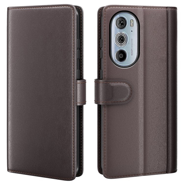 For Motorola Edge 30 Pro Phone Wallet Case Split Genuine Leather Stand Function Magnetic Flip Cover - Brown
