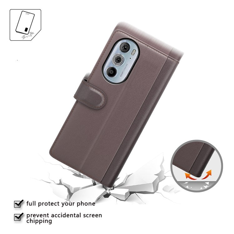 For Motorola Edge 30 Pro Phone Wallet Case Split Genuine Leather Stand Function Magnetic Flip Cover - Brown