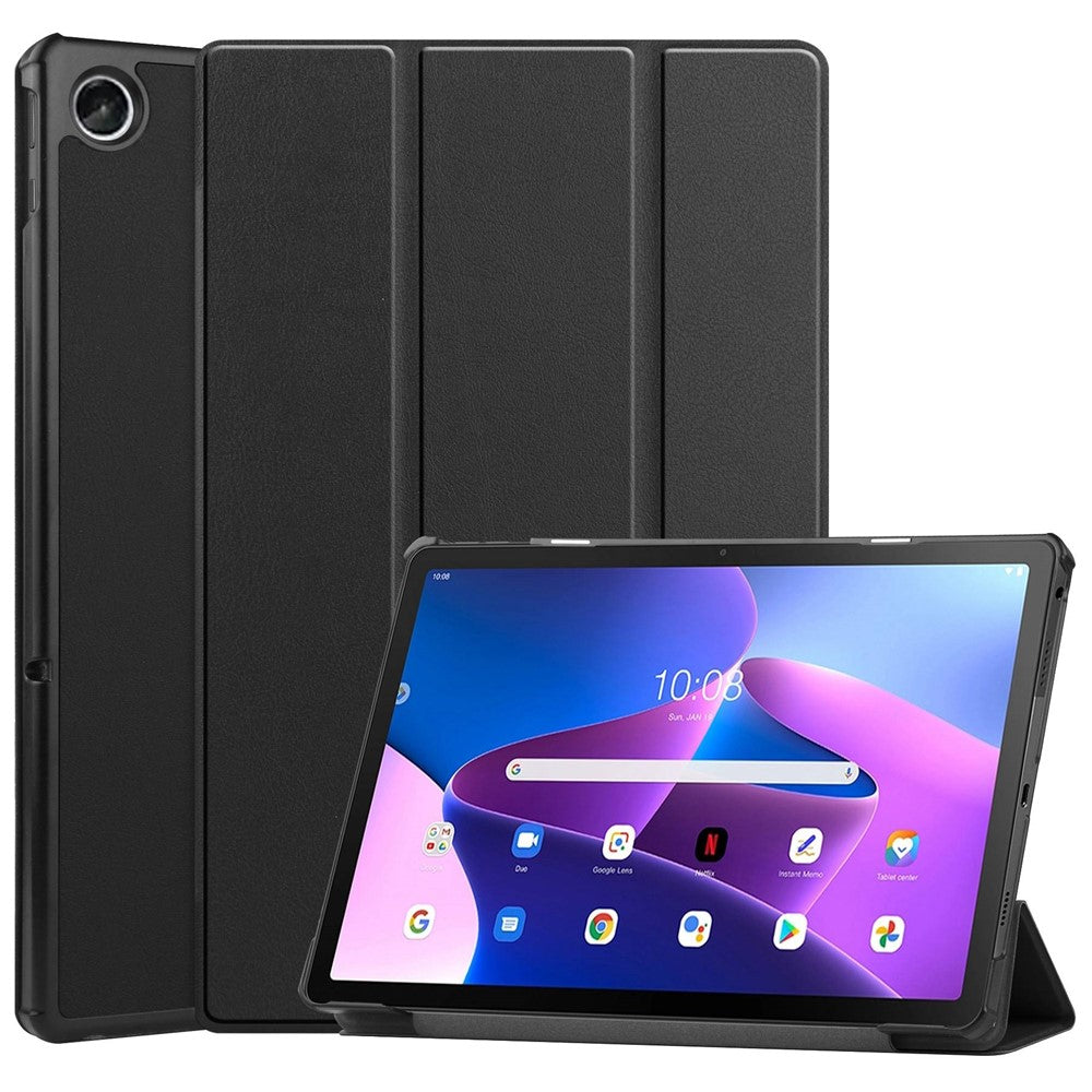For Lenovo Tab M10 Plus (3rd Gen) PU Leather Trifold Stand Case Auto Sleep / Wake Tablet Full Protection Cover - Black