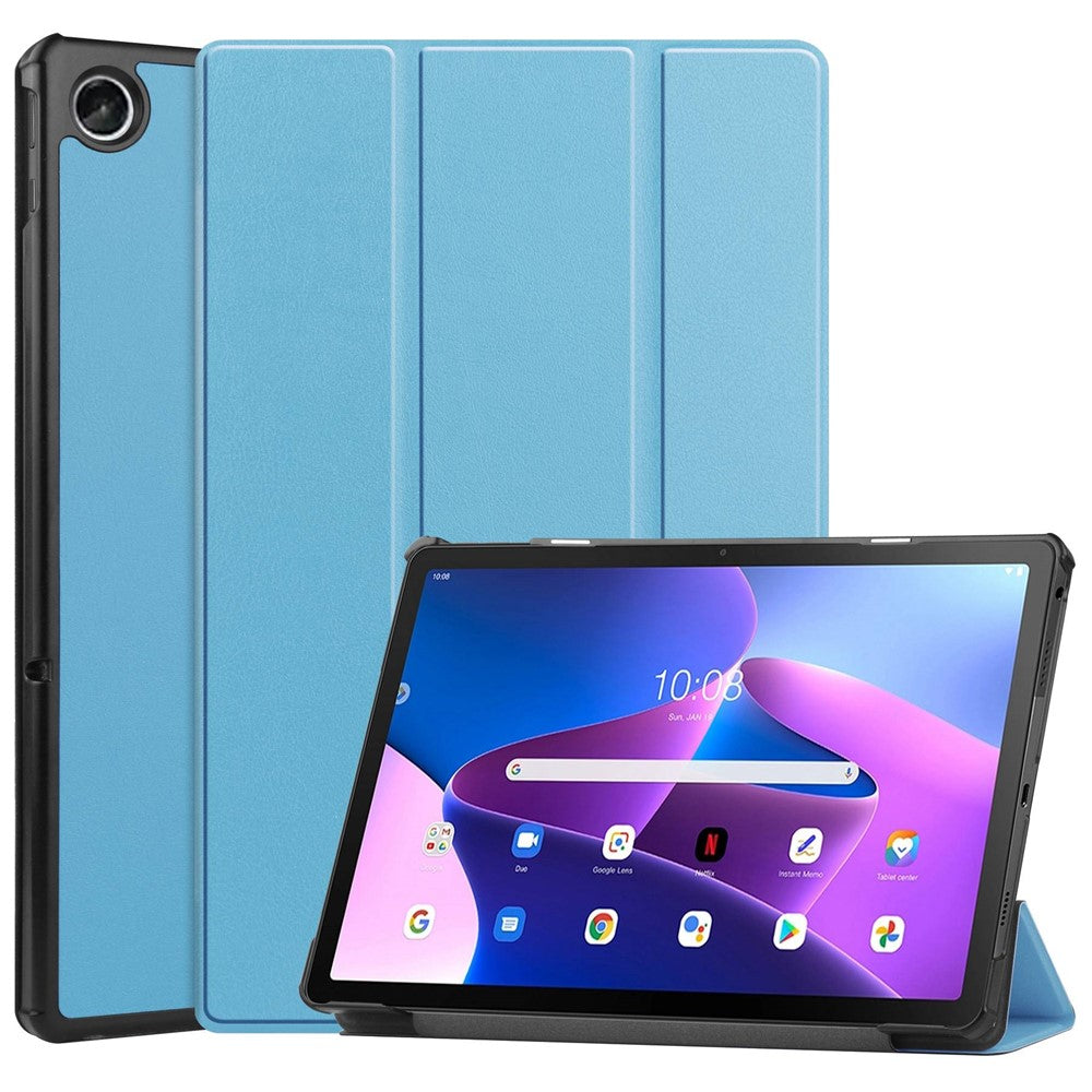 For Lenovo Tab M10 Plus (3rd Gen) PU Leather Trifold Stand Case Auto Sleep / Wake Tablet Full Protection Cover - Sky Blue