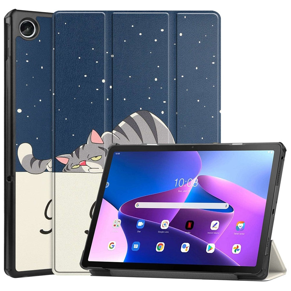 For Lenovo Tab M10 Plus (3rd Gen) Pattern Printing Tri-Fold Stand PU Leather Tablet Case with Auto Sleep / Wake - Cat