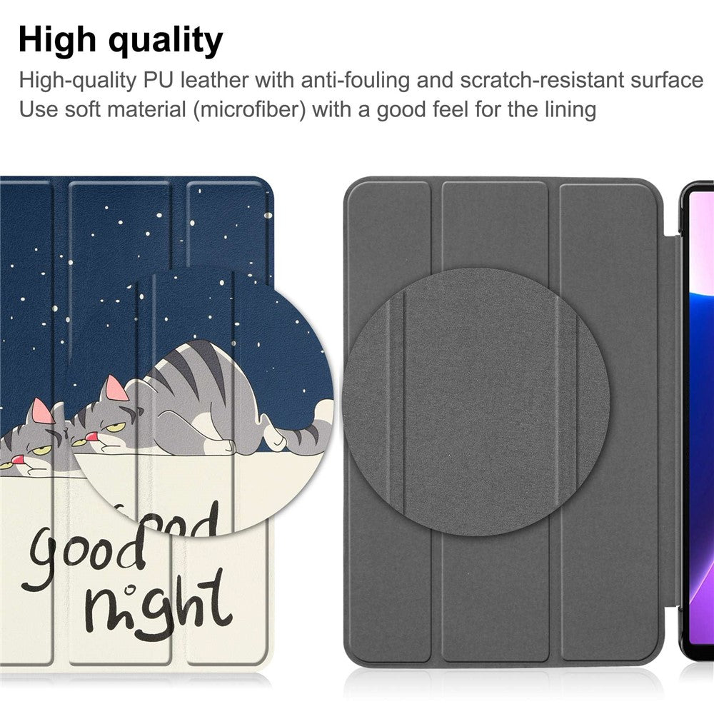For Lenovo Tab M10 Plus (3rd Gen) Pattern Printing Tri-Fold Stand PU Leather Tablet Case with Auto Sleep / Wake - Cat