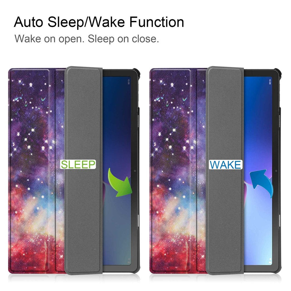 For Lenovo Tab M10 Plus (3rd Gen) Pattern Printing Tri-Fold Stand PU Leather Tablet Case with Auto Sleep / Wake - Nebula