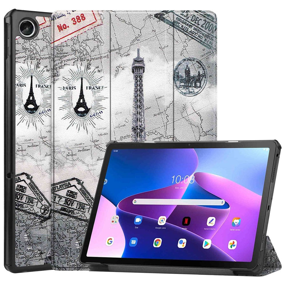 For Lenovo Tab M10 Plus (3rd Gen) Pattern Printing Tri-Fold Stand PU Leather Tablet Case with Auto Sleep / Wake - Tower