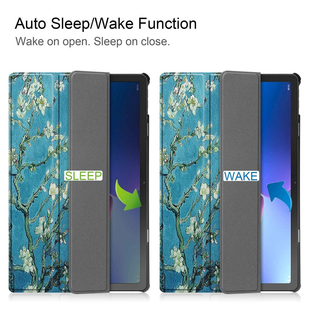 For Lenovo Tab M10 Plus (3rd Gen) Pattern Printing Tri-Fold Stand PU Leather Tablet Case with Auto Sleep / Wake - Apricot Blossom
