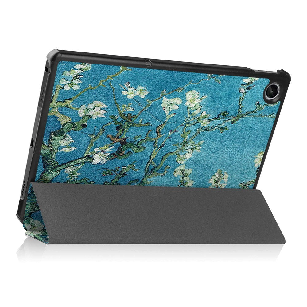 For Lenovo Tab M10 Plus (3rd Gen) Pattern Printing Tri-Fold Stand PU Leather Tablet Case with Auto Sleep / Wake - Apricot Blossom