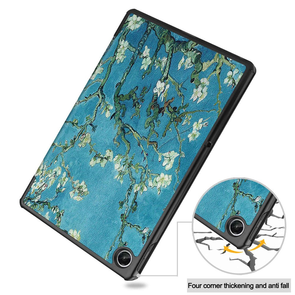 For Lenovo Tab M10 Plus (3rd Gen) Pattern Printing Tri-Fold Stand PU Leather Tablet Case with Auto Sleep / Wake - Apricot Blossom