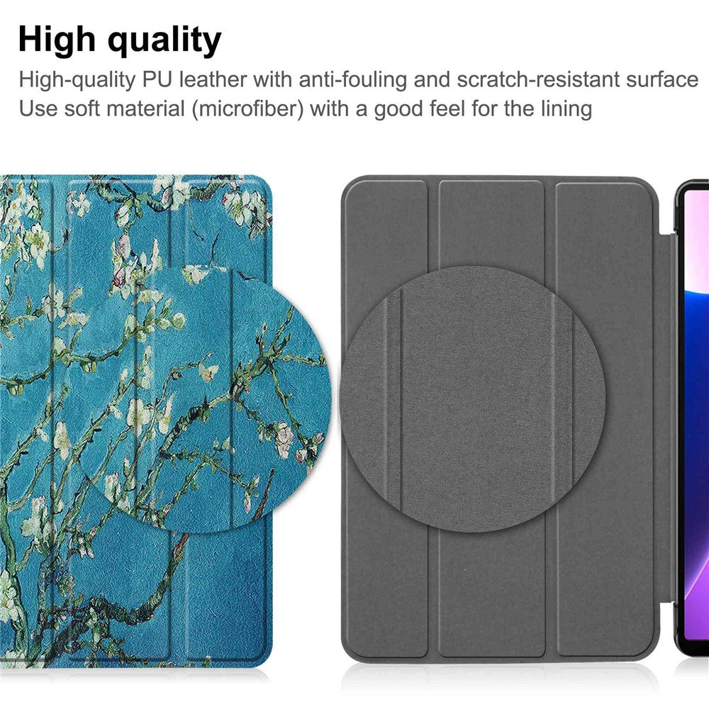 For Lenovo Tab M10 Plus (3rd Gen) Pattern Printing Tri-Fold Stand PU Leather Tablet Case with Auto Sleep / Wake - Apricot Blossom