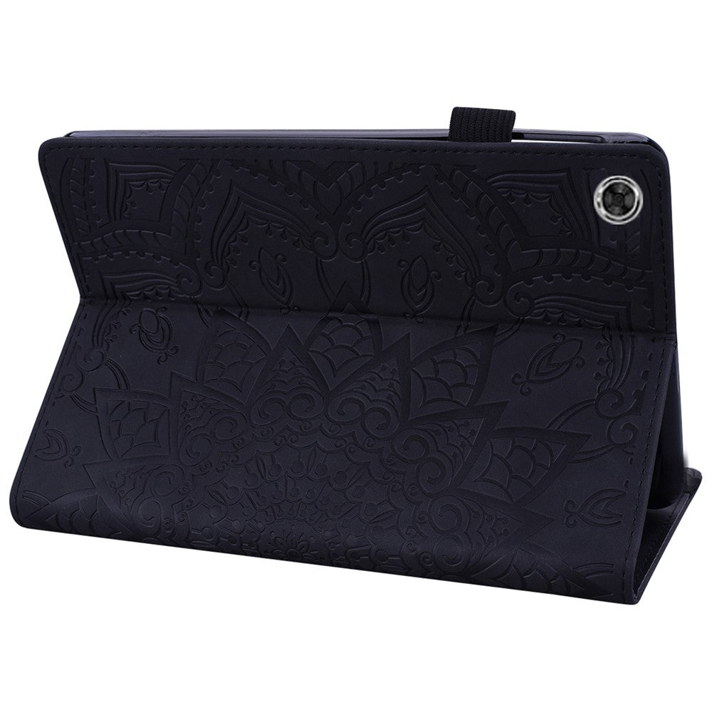 For Lenovo Tab M10 Plus (3rd Gen) Imprinted Flower Pattern Tablet Case PU Leather Card Slot Stand Shell with Pencil Loop - Black