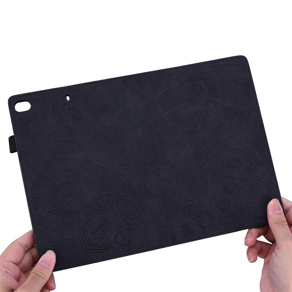 For Lenovo Tab M10 Plus (3rd Gen) Imprinted Flower Pattern Tablet Case PU Leather Card Slot Stand Shell with Pencil Loop - Black