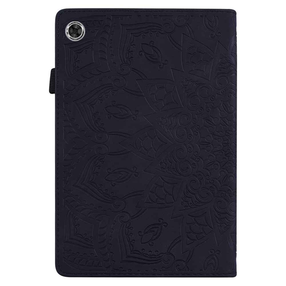 For Lenovo Tab M10 Plus (3rd Gen) Imprinted Flower Pattern Tablet Case PU Leather Card Slot Stand Shell with Pencil Loop - Black