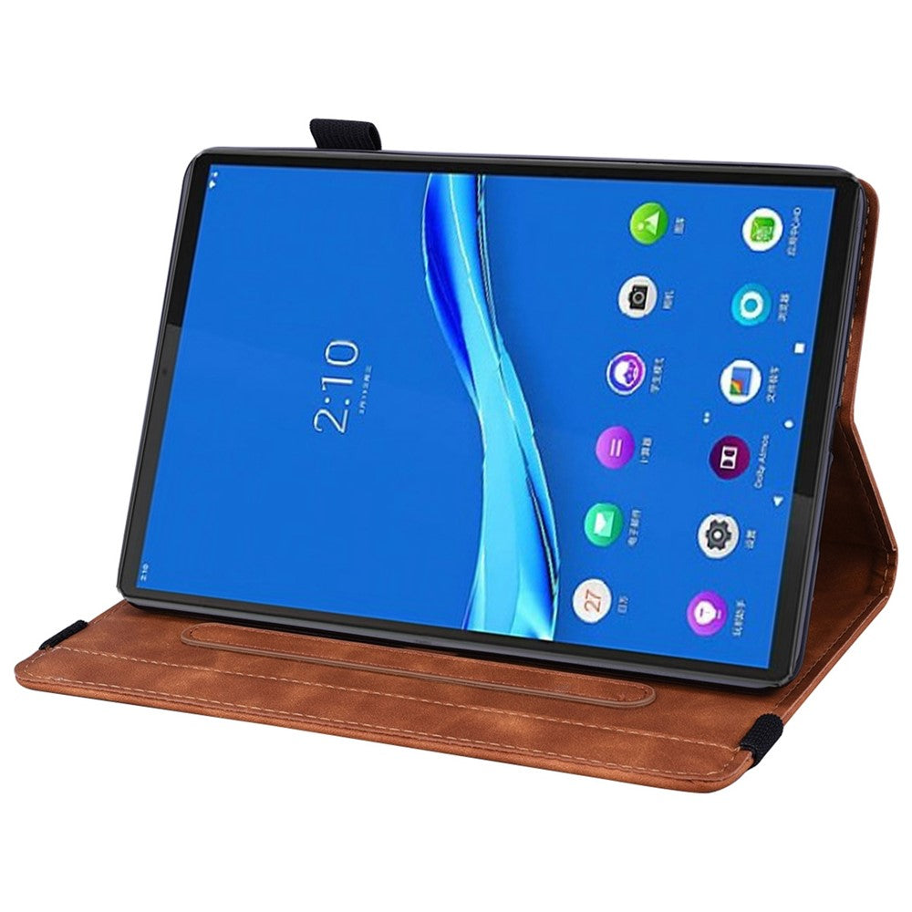 For Lenovo Tab M10 Plus (3rd Gen) Imprinted Flower Pattern Tablet Case PU Leather Card Slot Stand Shell with Pencil Loop - Brown