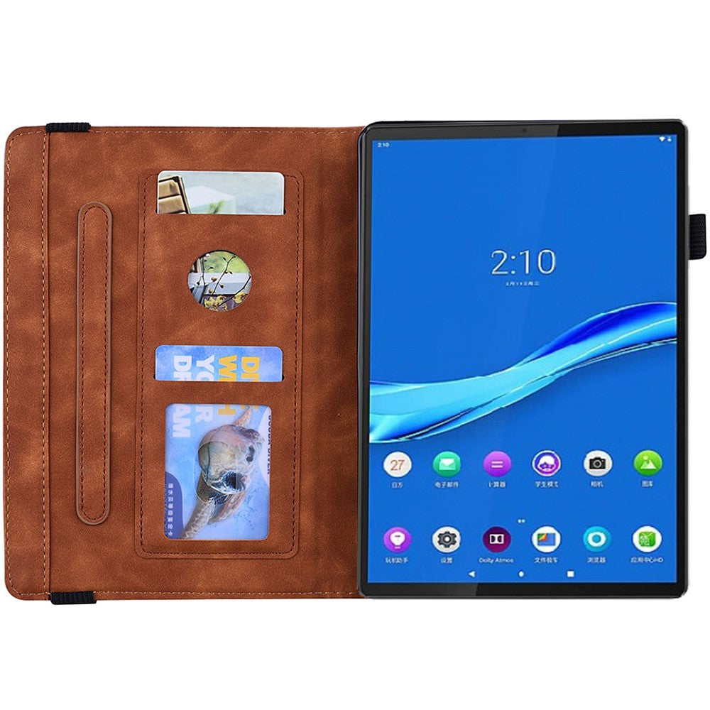 For Lenovo Tab M10 Plus (3rd Gen) Imprinted Flower Pattern Tablet Case PU Leather Card Slot Stand Shell with Pencil Loop - Brown