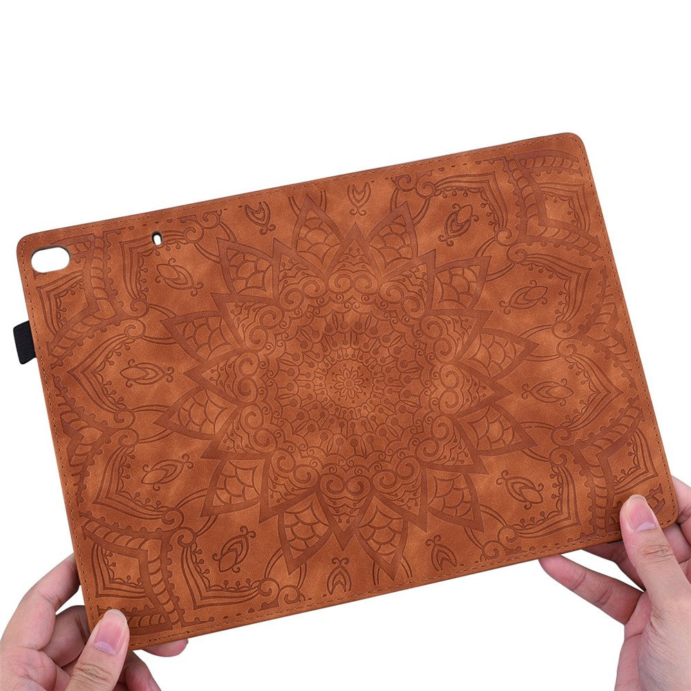 For Lenovo Tab M10 Plus (3rd Gen) Imprinted Flower Pattern Tablet Case PU Leather Card Slot Stand Shell with Pencil Loop - Brown