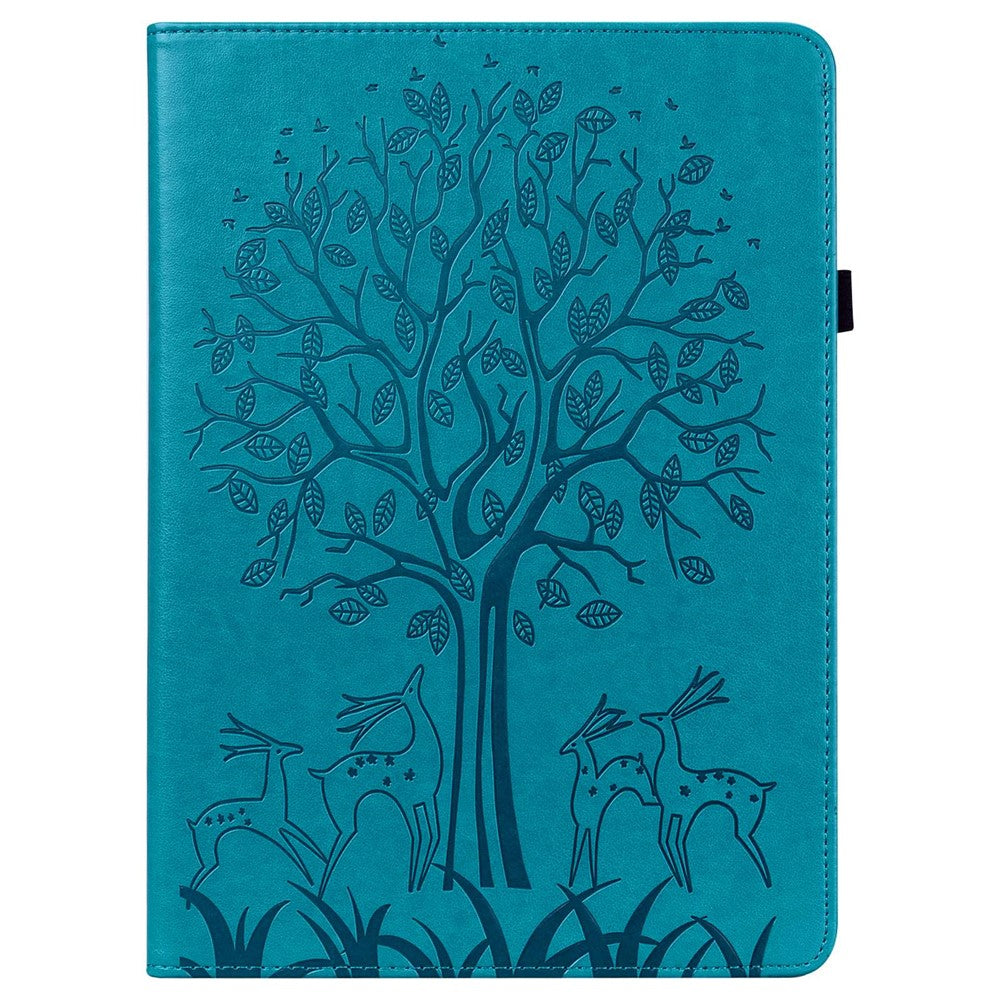 For Lenovo Tab M10 Plus (3rd Gen) Imprinting Tree Deer Pattern Tablet Case PU Leather Card Slots Stand Shell - Blue