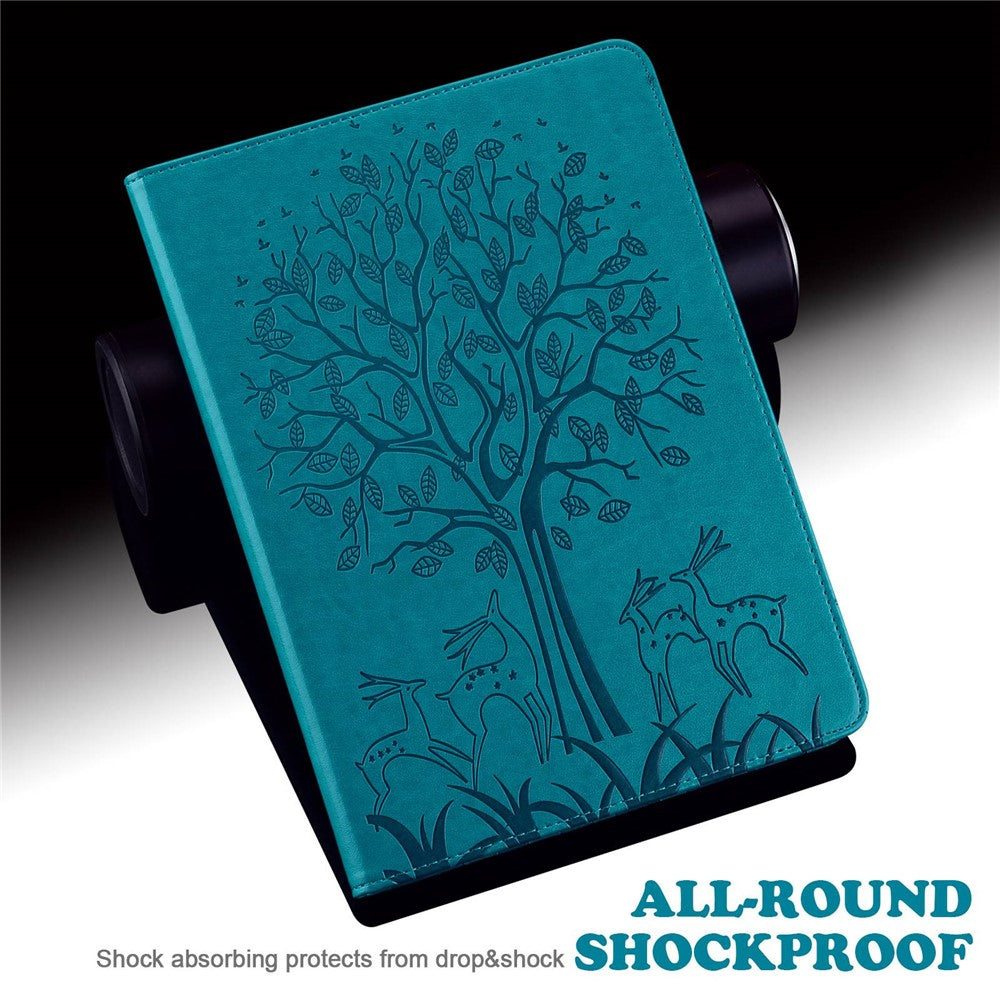 For Lenovo Tab M10 Plus (3rd Gen) Imprinting Tree Deer Pattern Tablet Case PU Leather Card Slots Stand Shell - Blue