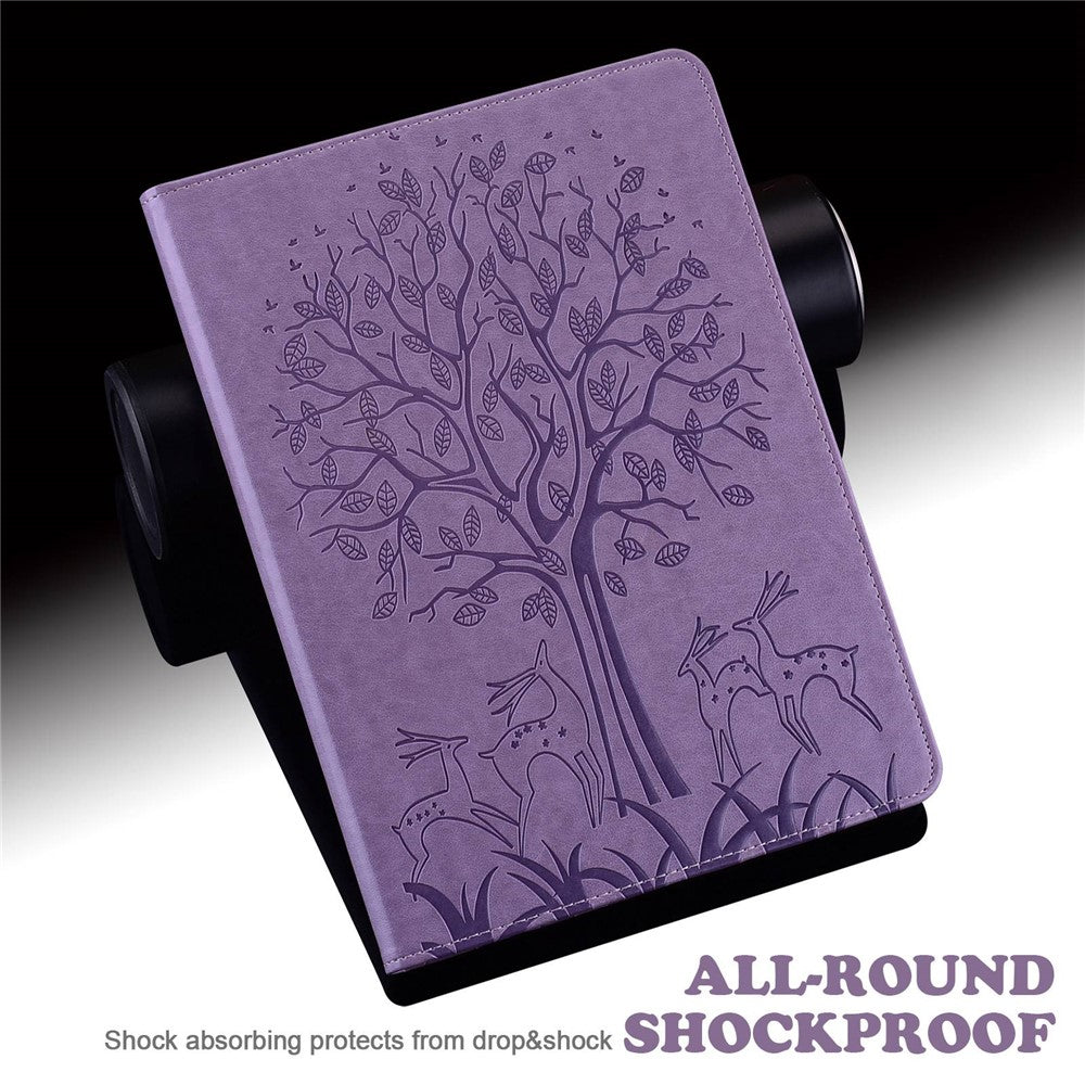 For Lenovo Tab M10 Plus (3rd Gen) Imprinting Tree Deer Pattern Tablet Case PU Leather Card Slots Stand Shell - Purple