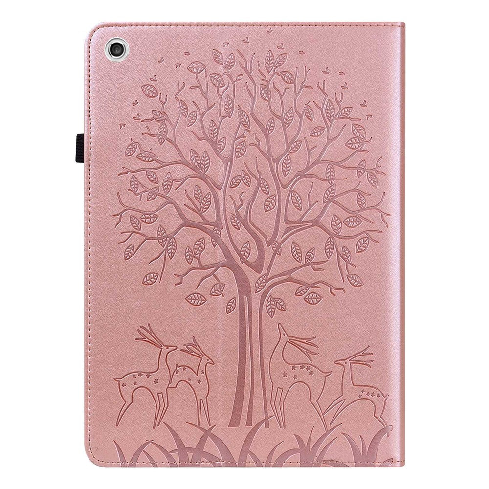 For Lenovo Tab M10 Plus (3rd Gen) Imprinting Tree Deer Pattern Tablet Case PU Leather Card Slots Stand Shell - Rose Gold
