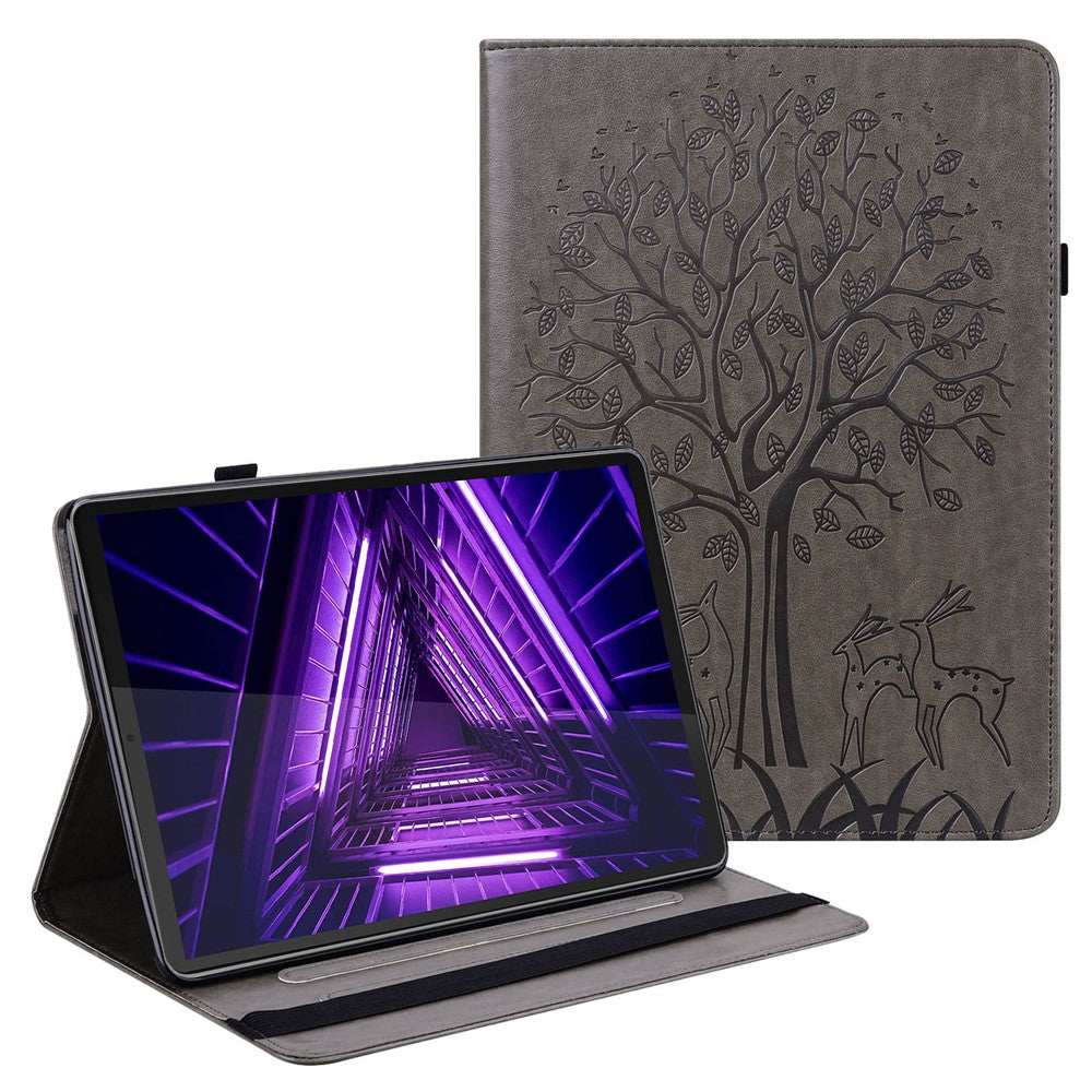For Lenovo Tab M10 Plus (3rd Gen) Imprinting Tree Deer Pattern Tablet Case PU Leather Card Slots Stand Shell - Grey