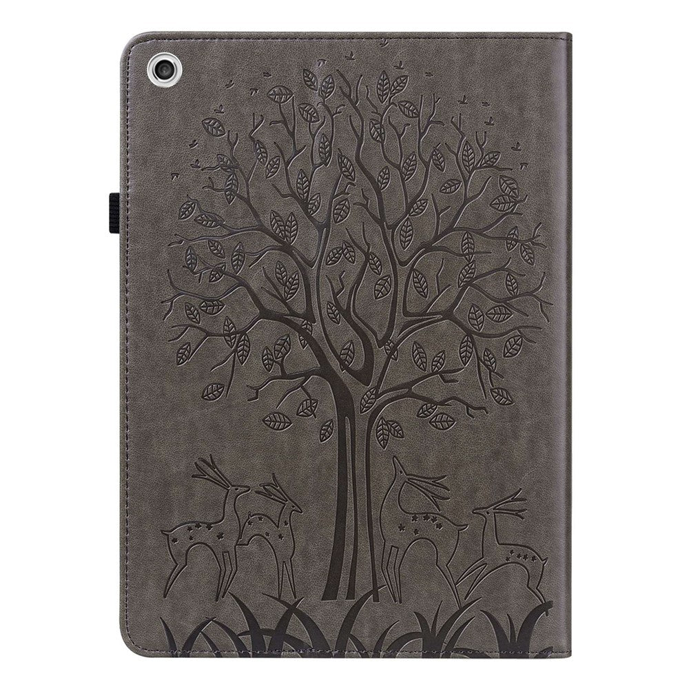 For Lenovo Tab M10 Plus (3rd Gen) Imprinting Tree Deer Pattern Tablet Case PU Leather Card Slots Stand Shell - Grey