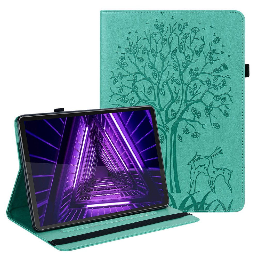 For Lenovo Tab M10 Plus (3rd Gen) Imprinting Tree Deer Pattern Tablet Case PU Leather Card Slots Stand Shell - Green