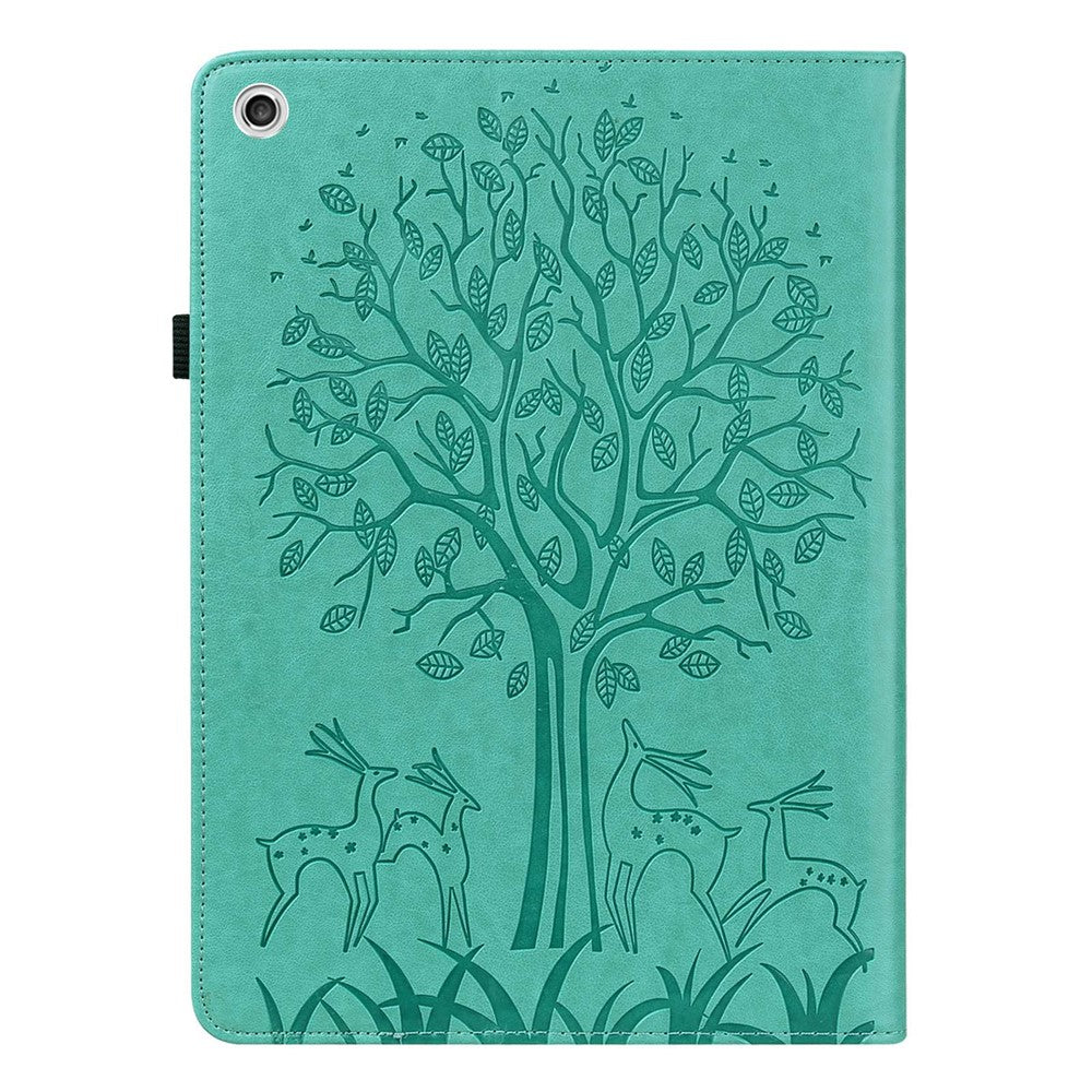 For Lenovo Tab M10 Plus (3rd Gen) Imprinting Tree Deer Pattern Tablet Case PU Leather Card Slots Stand Shell - Green