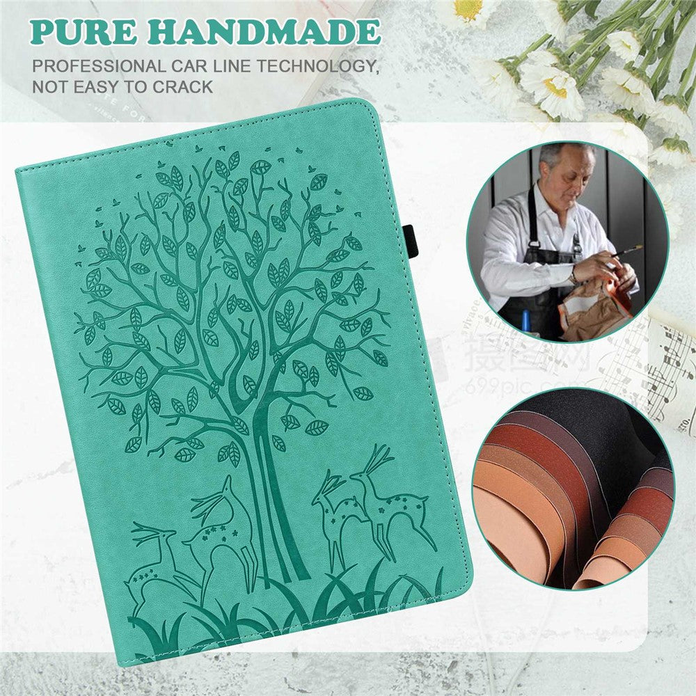 For Lenovo Tab M10 Plus (3rd Gen) Imprinting Tree Deer Pattern Tablet Case PU Leather Card Slots Stand Shell - Green