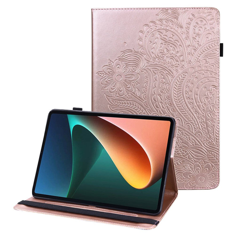 For Lenovo Tab M10 Plus (3rd Gen) / Xiaoxin Pad 2022 10.6 inch Imprinting Flower PU Leather Tablet Case with Card Holder Stand - Rose Gold