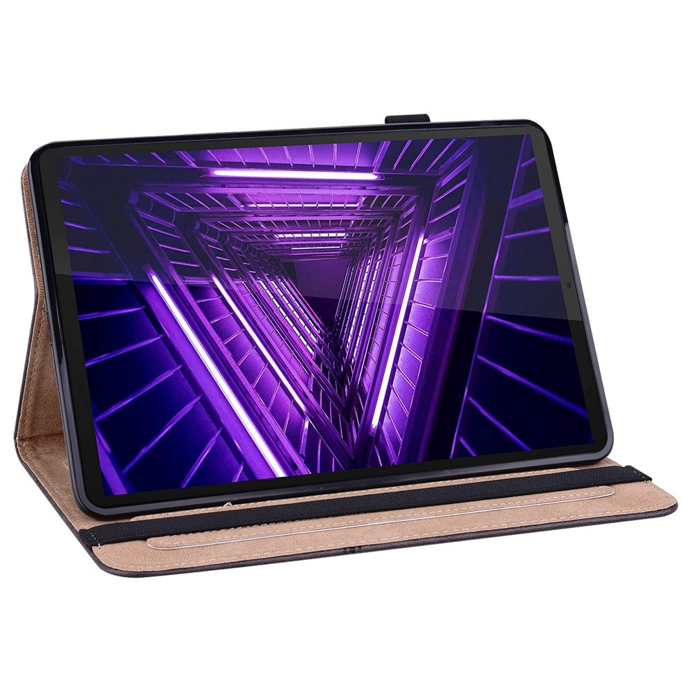 For Lenovo Tab M10 Plus (3rd Gen) / Xiaoxin Pad 2022 10.6 inch Line Imprinted PU Leather Card Holder Tablet Case with Elastic Band Closure - Black