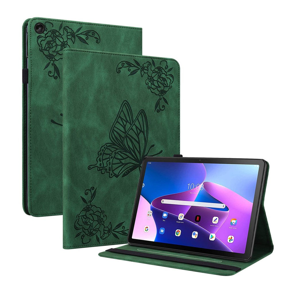 For Lenovo Tab M10 Plus (3rd Gen) Butterfly Flower Imprinted Card Slot PU Leather Tablet Case Stand Cover with Elastic Band - Green