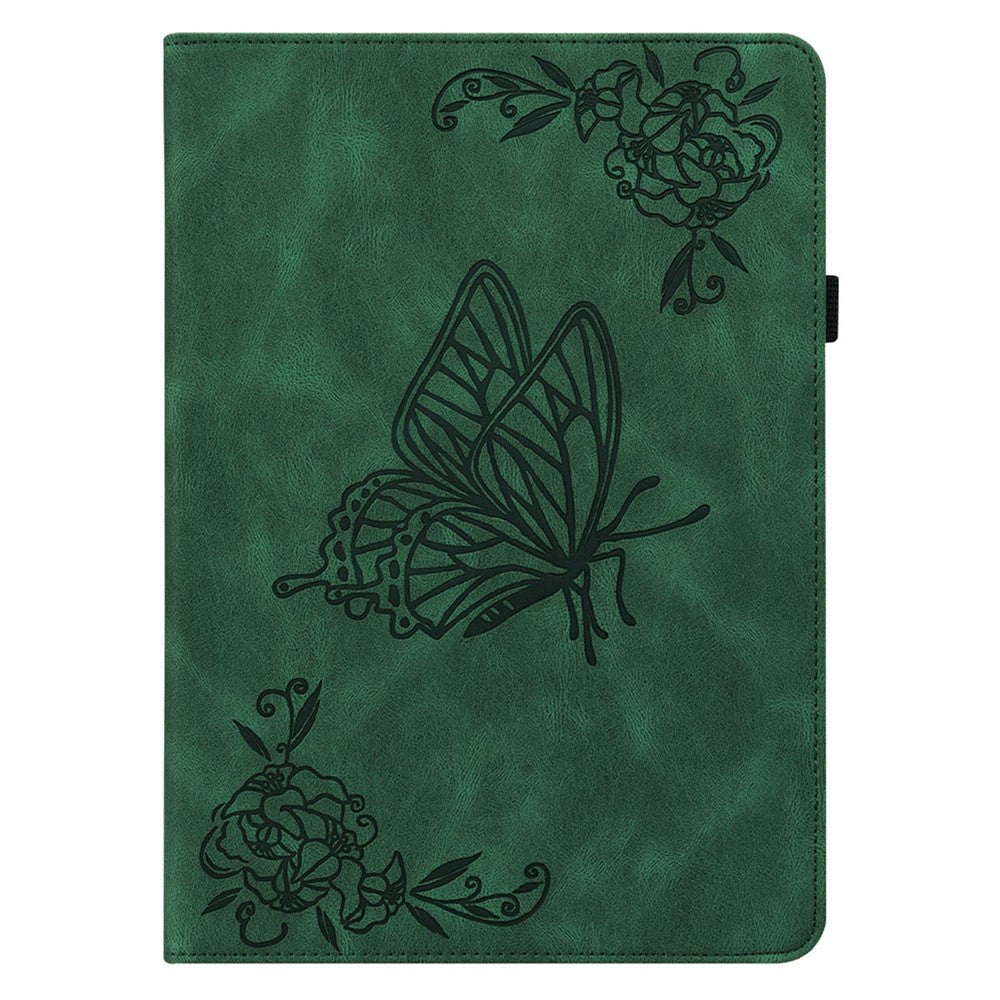For Lenovo Tab M10 Plus (3rd Gen) Butterfly Flower Imprinted Card Slot PU Leather Tablet Case Stand Cover with Elastic Band - Green