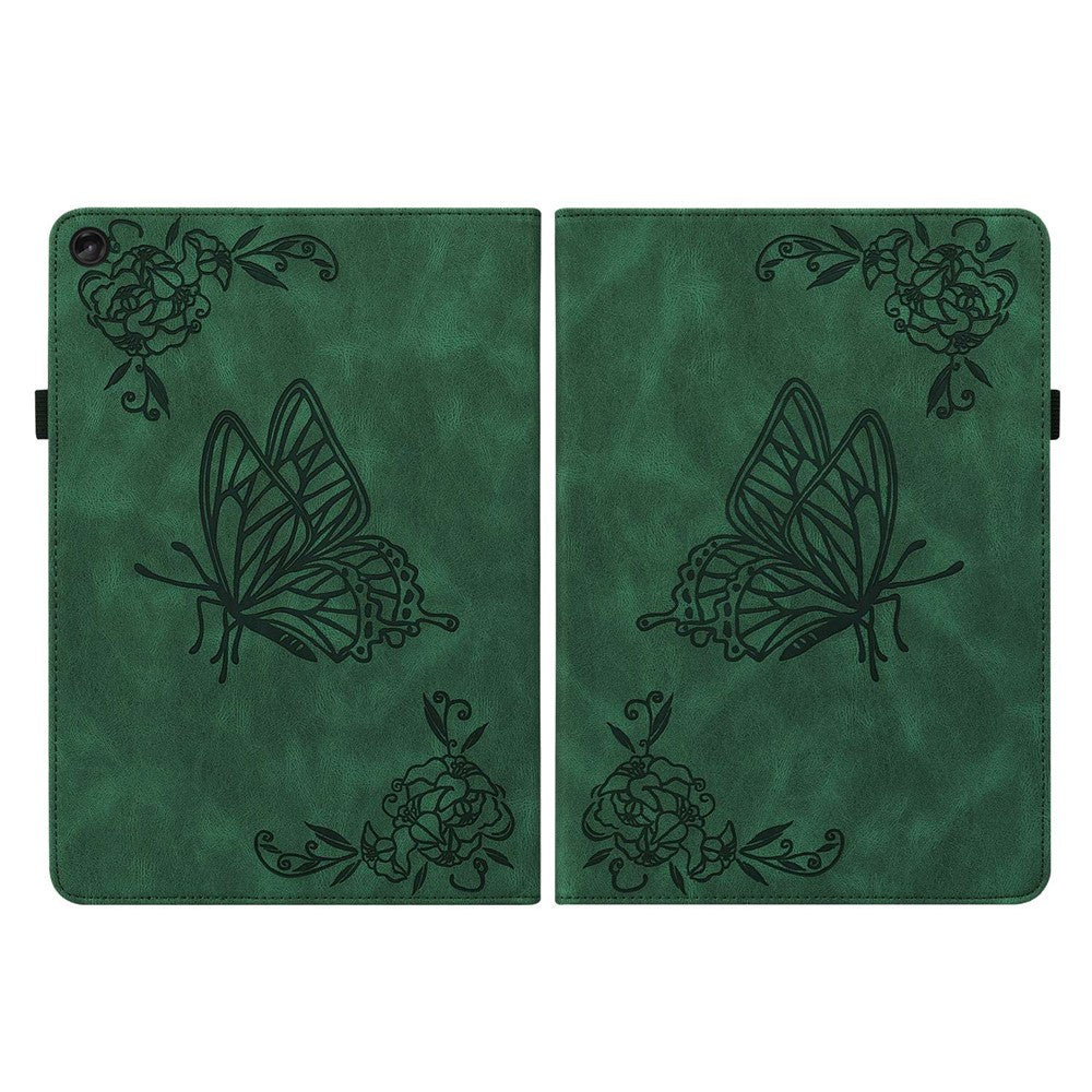 For Lenovo Tab M10 Plus (3rd Gen) Butterfly Flower Imprinted Card Slot PU Leather Tablet Case Stand Cover with Elastic Band - Green