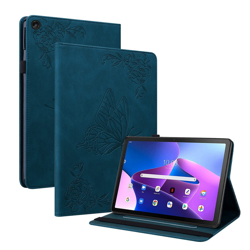For Lenovo Tab M10 Plus (3rd Gen) Butterfly Flower Imprinted Card Slot PU Leather Tablet Case Stand Cover with Elastic Band - Blue
