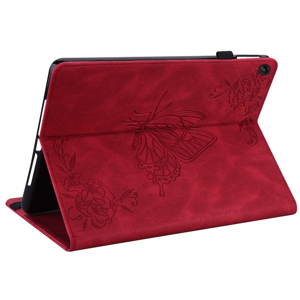 For Lenovo Tab M10 Plus (3rd Gen) Butterfly Flower Imprinted Card Slot PU Leather Tablet Case Stand Cover with Elastic Band - Red