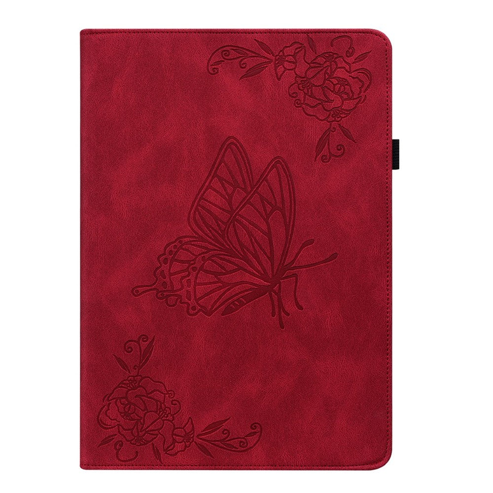 For Lenovo Tab M10 Plus (3rd Gen) Butterfly Flower Imprinted Card Slot PU Leather Tablet Case Stand Cover with Elastic Band - Red