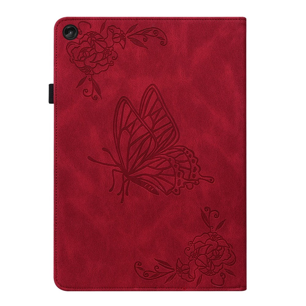 For Lenovo Tab M10 Plus (3rd Gen) Butterfly Flower Imprinted Card Slot PU Leather Tablet Case Stand Cover with Elastic Band - Red