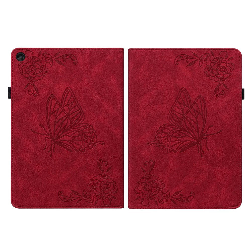 For Lenovo Tab M10 Plus (3rd Gen) Butterfly Flower Imprinted Card Slot PU Leather Tablet Case Stand Cover with Elastic Band - Red