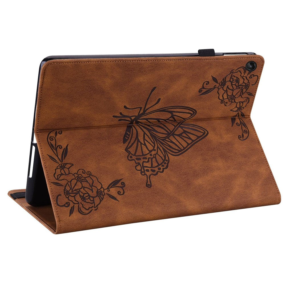 For Lenovo Tab M10 Plus (3rd Gen) Butterfly Flower Imprinted Card Slot PU Leather Tablet Case Stand Cover with Elastic Band - Brown