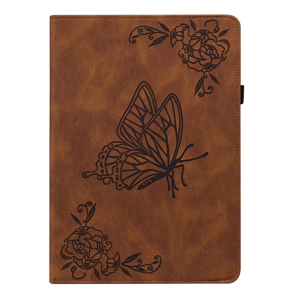 For Lenovo Tab M10 Plus (3rd Gen) Butterfly Flower Imprinted Card Slot PU Leather Tablet Case Stand Cover with Elastic Band - Brown