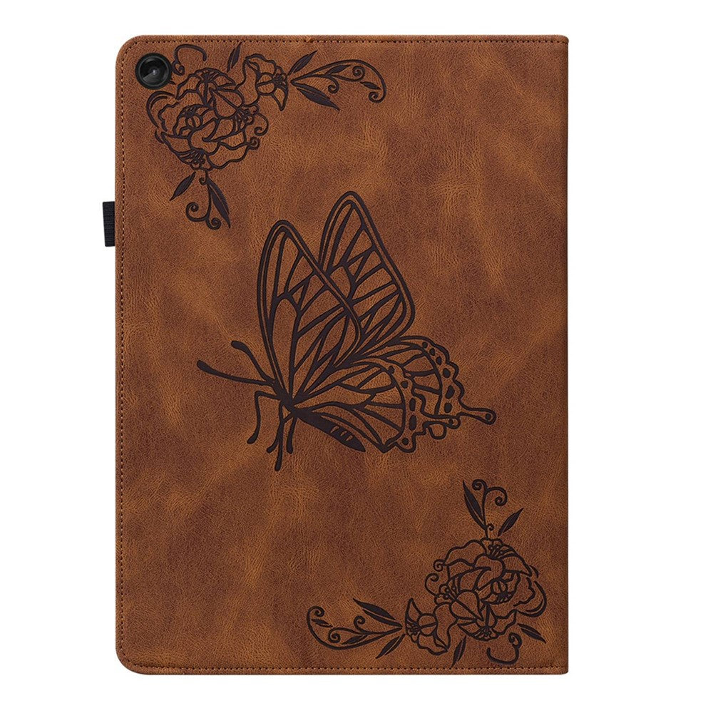 For Lenovo Tab M10 Plus (3rd Gen) Butterfly Flower Imprinted Card Slot PU Leather Tablet Case Stand Cover with Elastic Band - Brown