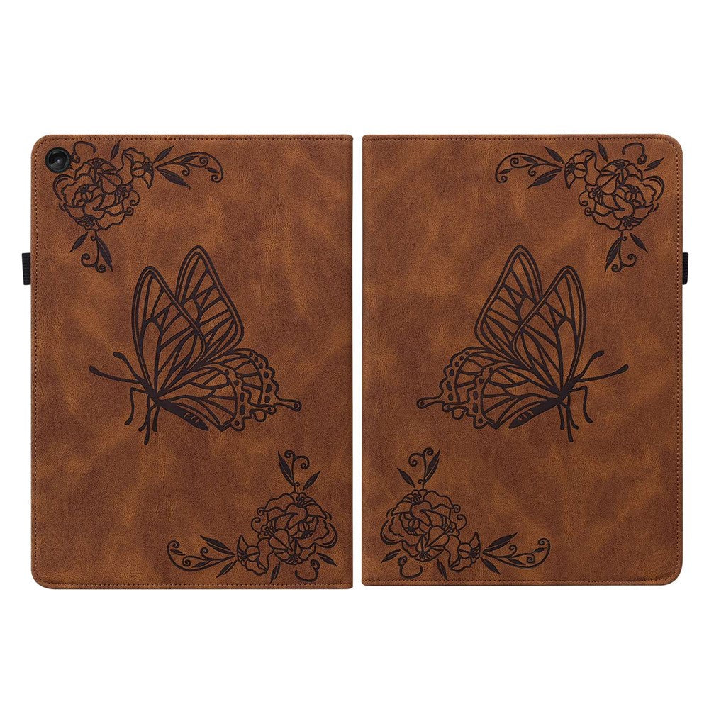 For Lenovo Tab M10 Plus (3rd Gen) Butterfly Flower Imprinted Card Slot PU Leather Tablet Case Stand Cover with Elastic Band - Brown