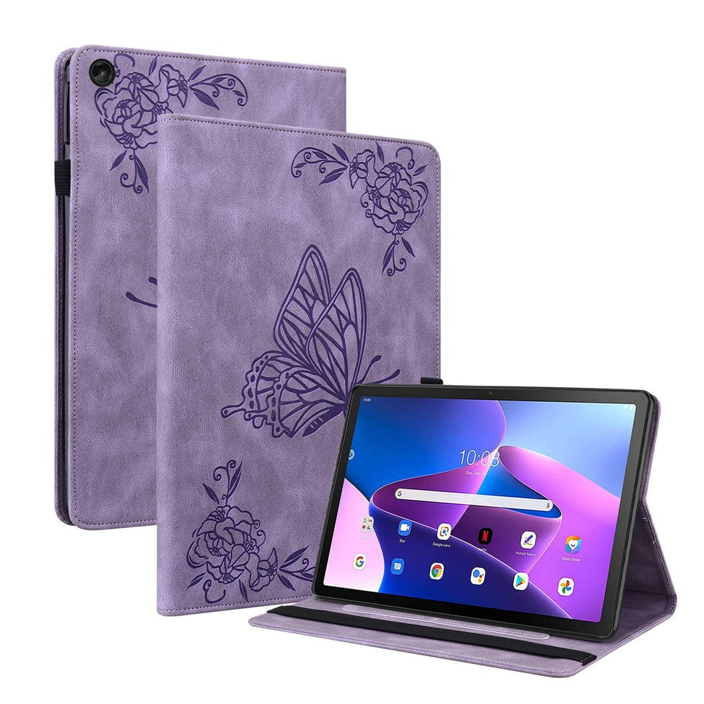 For Lenovo Tab M10 Plus (3rd Gen) Butterfly Flower Imprinted Card Slot PU Leather Tablet Case Stand Cover with Elastic Band - Purple