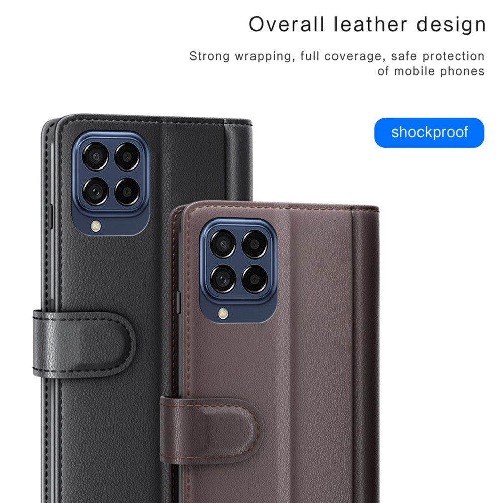 For Samsung Galaxy M53 5G Case Genuine Split Leather Phone Cover with Wallet Stand - Black