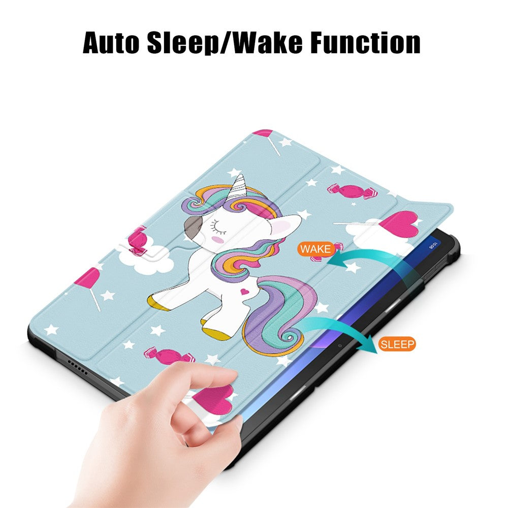 For Lenovo Tab M10 Plus (3rd Gen) / Xiaoxin Pad 2022 10.6 inch 125FTB-128F Trifold Stand Case Pattern Printing PU Leather Smart Cover - Unicorn