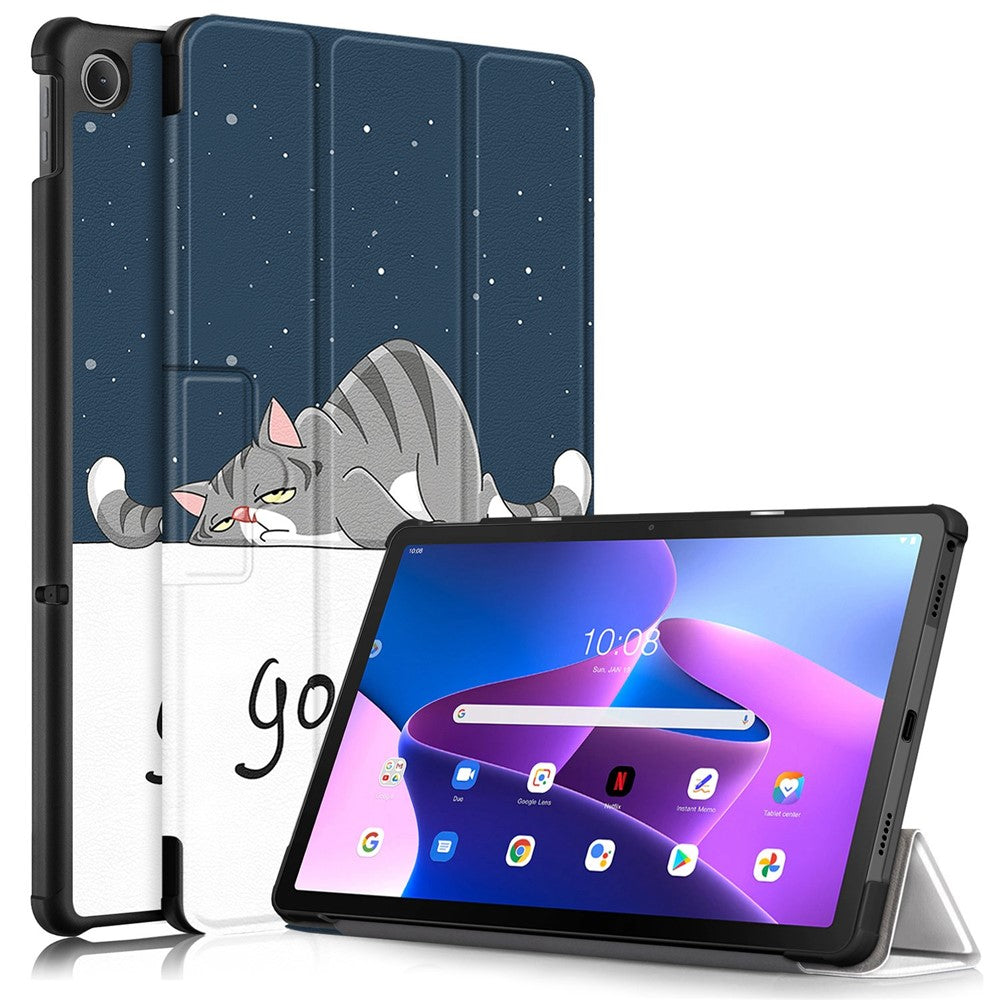 For Lenovo Tab M10 Plus (3rd Gen) / Xiaoxin Pad 2022 10.6 inch 125FTB-128F Trifold Stand Case Pattern Printing PU Leather Smart Cover - Good Night Cat
