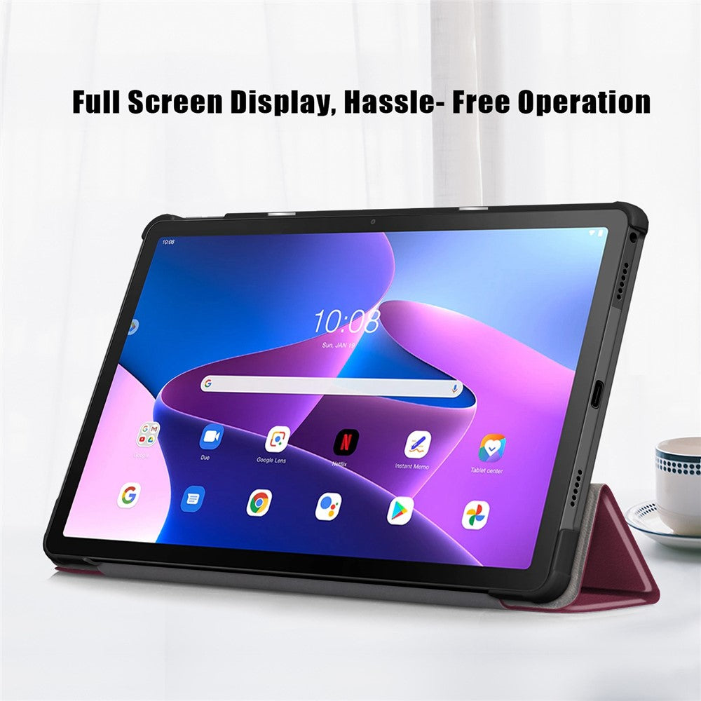 Tablet Covering Shell for Lenovo Tab M10 Plus (3rd Gen) / Xiaoxin Pad 2022 10.6 inch 125FTB-128F PC+PU Leather Trifold Stand Tablet Case - Wine Red