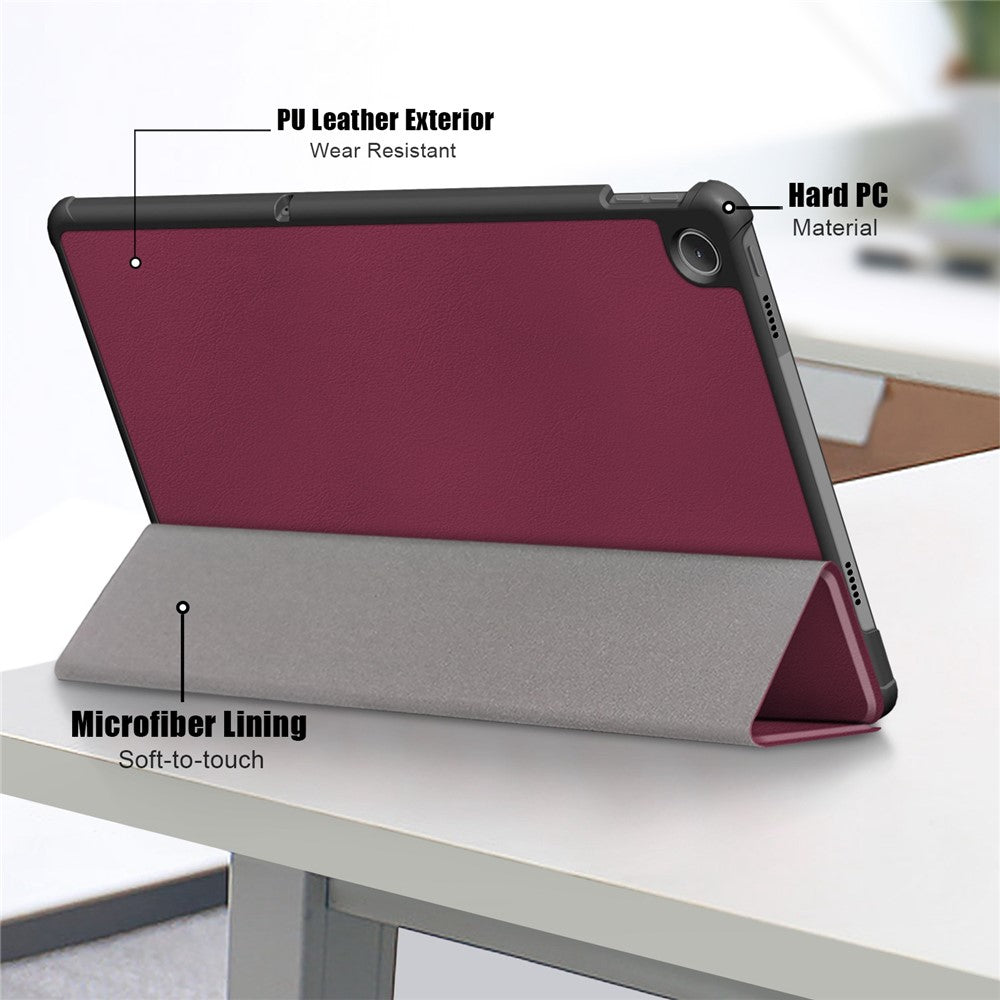 Tablet Covering Shell for Lenovo Tab M10 Plus (3rd Gen) / Xiaoxin Pad 2022 10.6 inch 125FTB-128F PC+PU Leather Trifold Stand Tablet Case - Wine Red