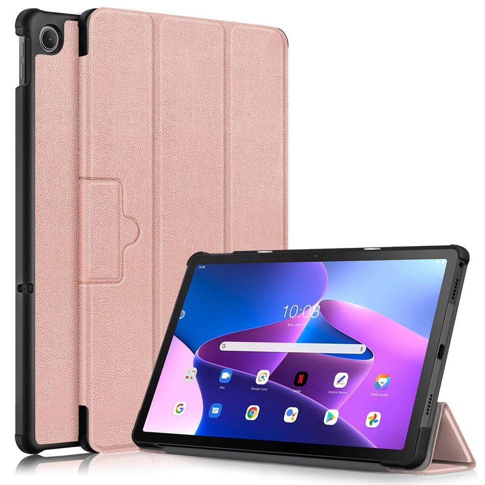 Tablet Covering Shell for Lenovo Tab M10 Plus (3rd Gen) / Xiaoxin Pad 2022 10.6 inch 125FTB-128F PC+PU Leather Trifold Stand Tablet Case - Rose Gold