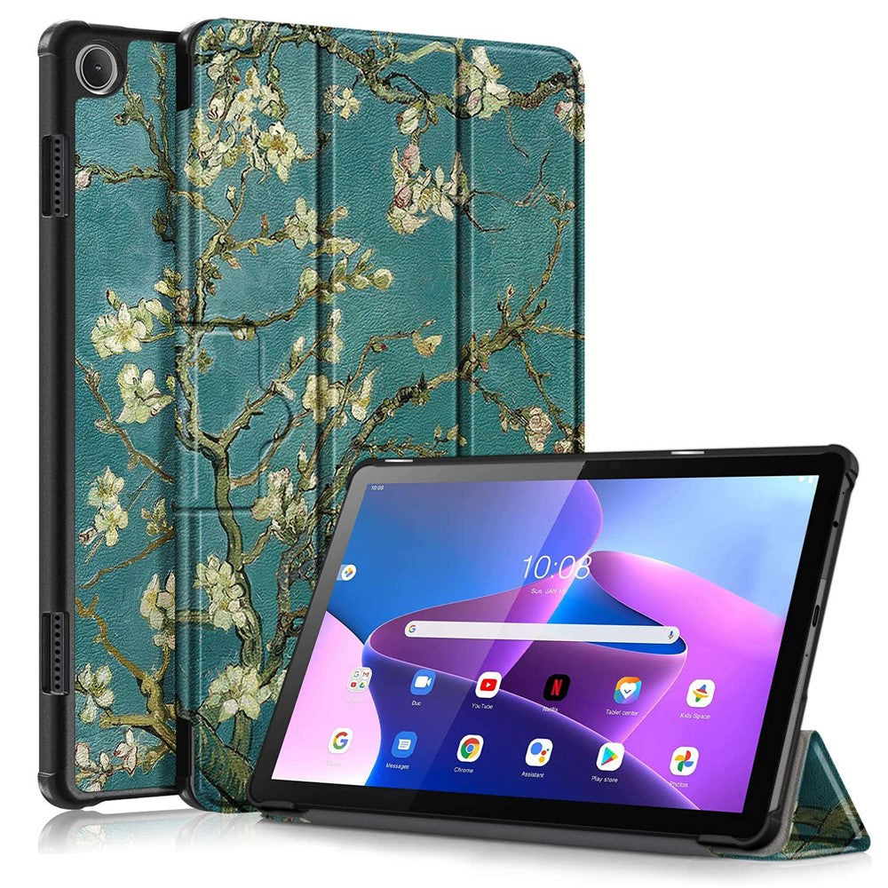 For Lenovo Tab M10 (Gen 3) 10.1 inch 328F Pattern Printing Auto Wake/Sleep PU Leather Case Trifold Stand Folio Cover - Apricot Flower